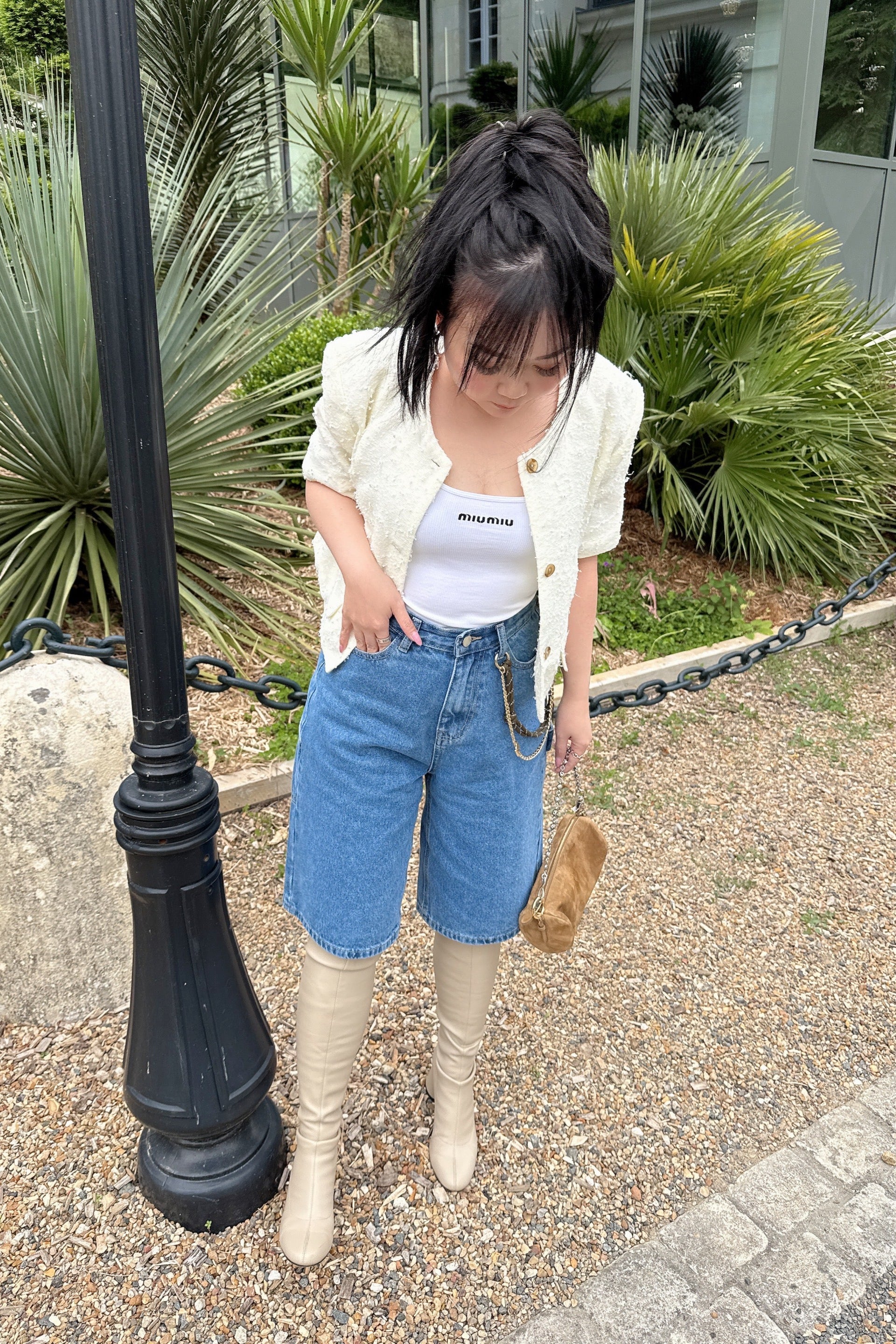 Short Sleeve Tweed Button Top in Cream